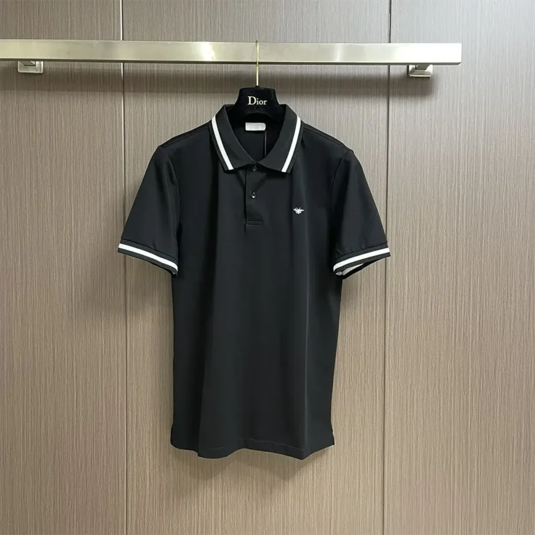 Dior Men Polo Shirt with Bee Embroidery Black Cotton Piqué