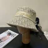 Dior Unisex D-Bobby Dior Oblique Small Brim Bucket Hat White and Gold-Tone Embroidery