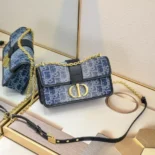 Dior Women 30 Montaigne East-West Bag with Chain Blue Denim Dior Oblique Jacquard