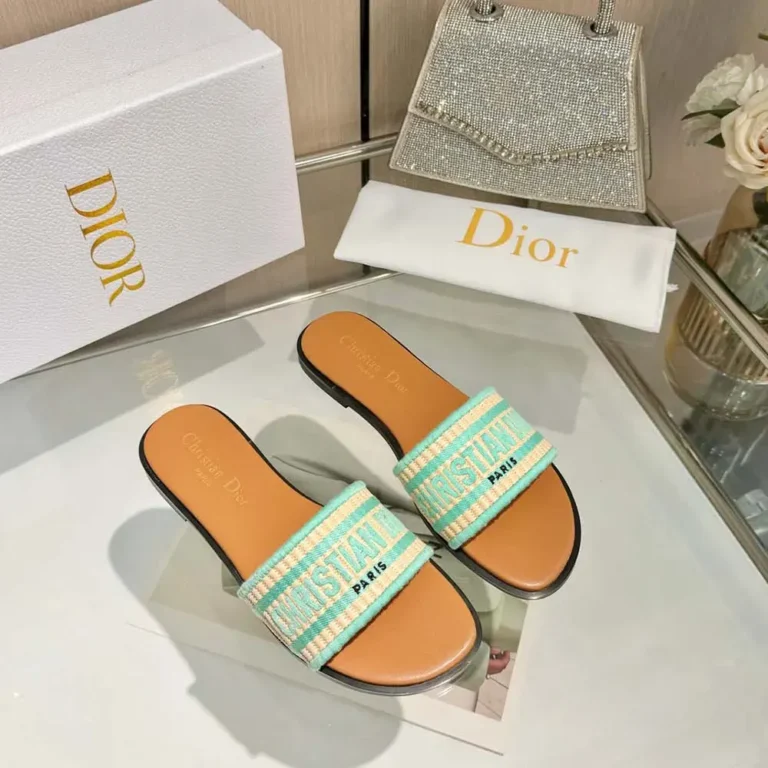 Dior Women Dioriviera Dway Slide Natural Raffia and Aquamarina Embroidered Cotton