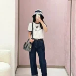 Dior Women Dioriviera T-Shirt Ecru and Navy Blue Cotton Jersey