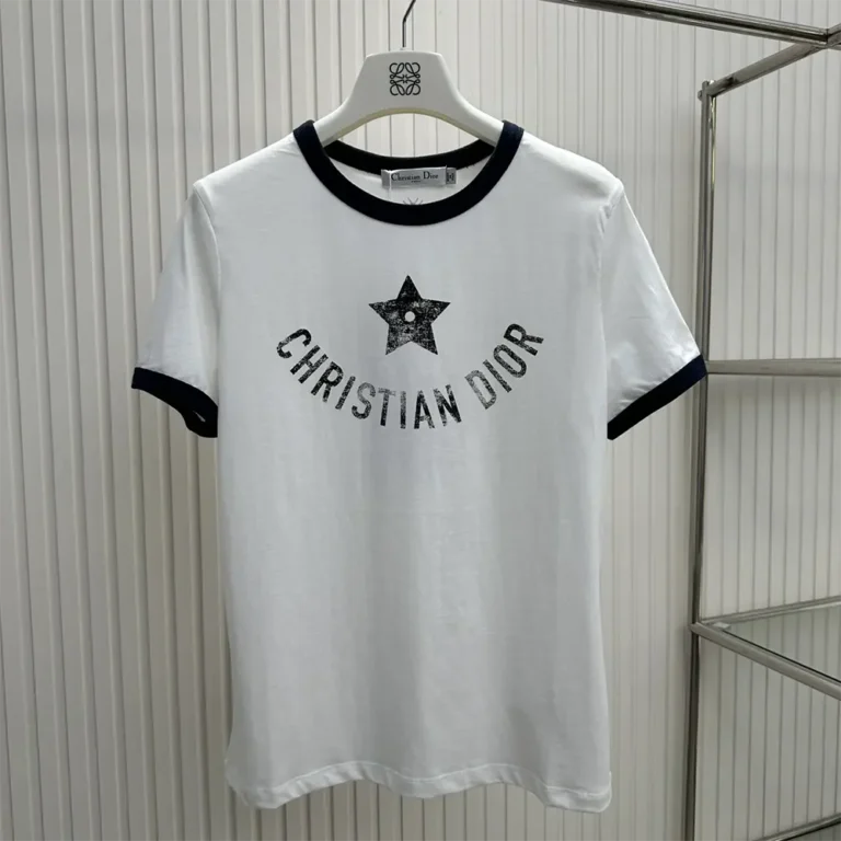 Dior Women Dioriviera T-Shirt Ecru and Navy Blue Cotton Jersey
