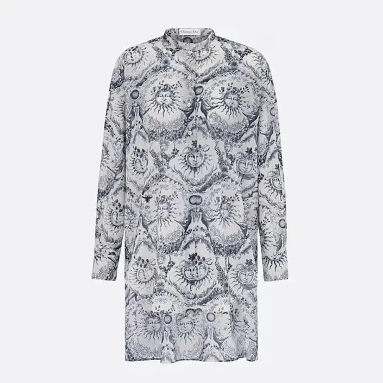 Dior Women Long Blouse White and Navy Blue Cotton Muslin with Toile de Jouy Soleil Motif