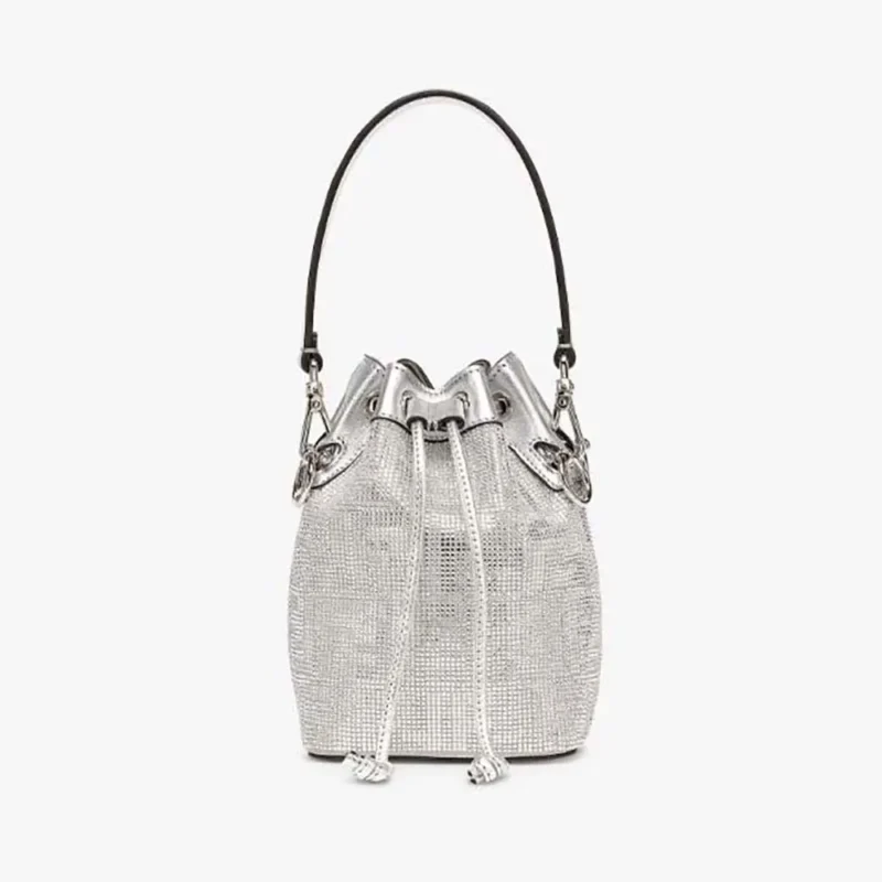 Fendi Women Mon Tresor Silver Leather Mini Bag with Crystal FF Motif