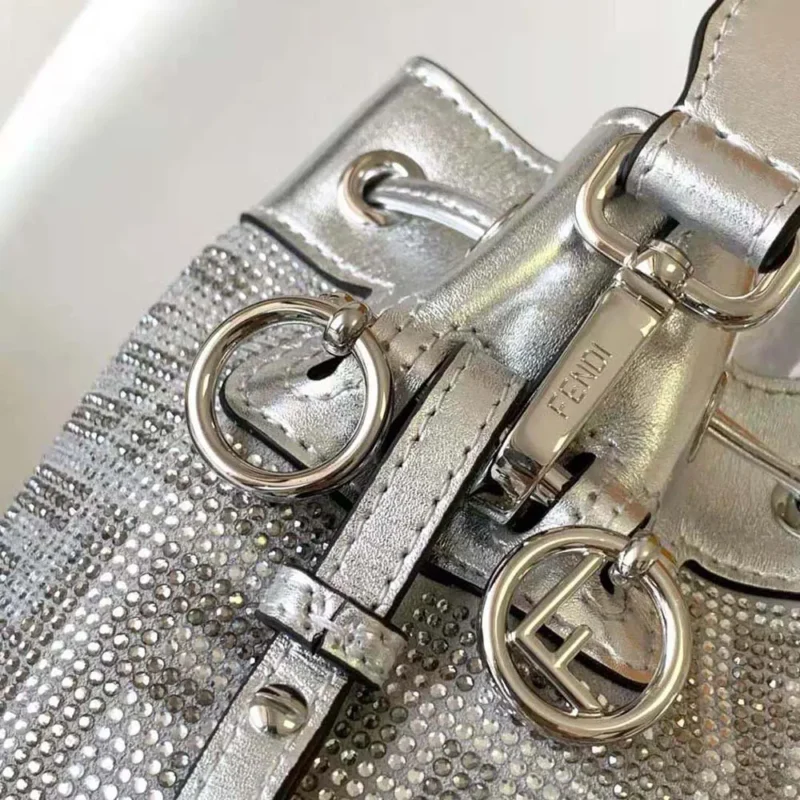 Fendi Women Mon Tresor Silver Leather Mini Bag with Crystal FF Motif