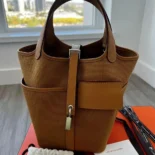 Hermes Women Picotin Lock 18 Pockets in Goeran Canvas Leather-Brown