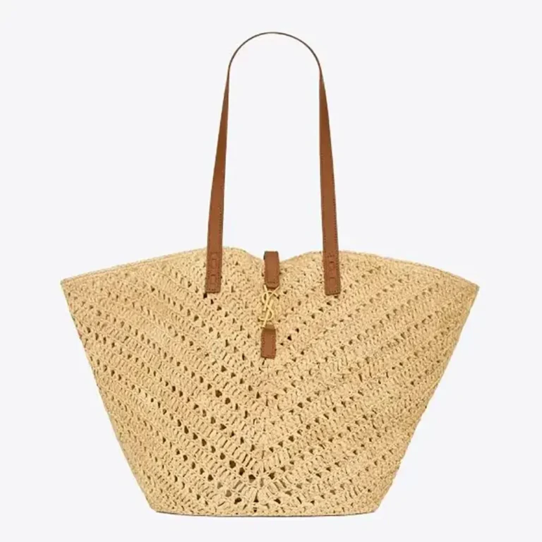 Saint Laurent YSL Women Panier Medium in Raffia and Vegetable-tanned Leather