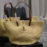 Saint Laurent YSL Women Panier Medium in Raffia and Vegetable-tanned Leather
