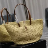 Saint Laurent YSL Women Panier Medium in Raffia and Vegetable-tanned Leather