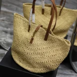 Saint Laurent YSL Women Panier Medium in Raffia and Vegetable-tanned Leather