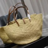 Saint Laurent YSL Women Panier Medium in Raffia and Vegetable-tanned Leather