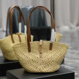Saint Laurent YSL Women Panier Small in Raffia and Vegetable-tanned Leather