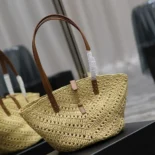Saint Laurent YSL Women Panier Small in Raffia and Vegetable-tanned Leather