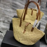 Saint Laurent YSL Women Panier Small in Raffia and Vegetable-tanned Leather