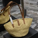 Saint Laurent YSL Women Panier Small in Raffia and Vegetable-tanned Leather