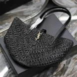Saint Laurent YSL Women Panier Small in Raffia and Vegetable-tanned Leather-Black