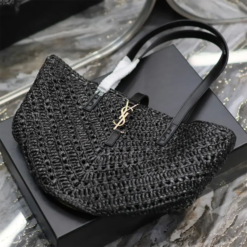 Saint Laurent YSL Women Panier Small in Raffia and Vegetable-tanned Leather-Black