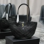 Saint Laurent YSL Women Panier Small in Raffia and Vegetable-tanned Leather-Black