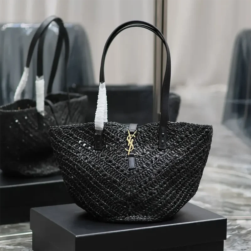 Saint Laurent YSL Women Panier Small in Raffia and Vegetable-tanned Leather-Black