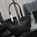 Saint Laurent YSL Women Panier Small in Raffia and Vegetable-tanned Leather-Black