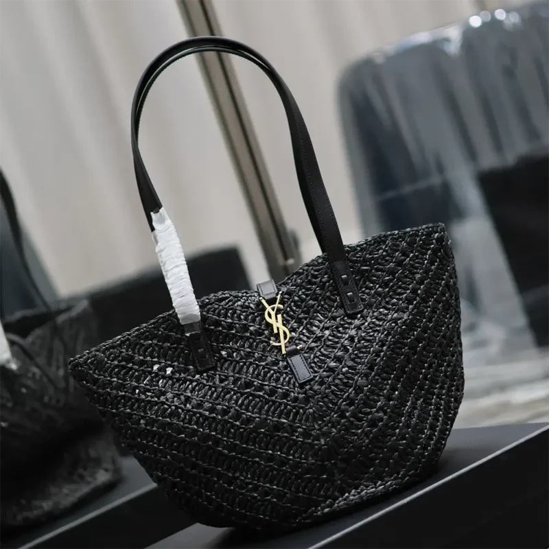 Saint Laurent YSL Women Panier Small in Raffia and Vegetable-tanned Leather-Black