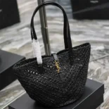 Saint Laurent YSL Women Panier Small in Raffia and Vegetable-tanned Leather-Black