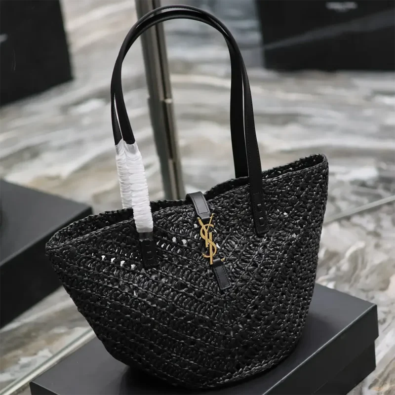 Saint Laurent YSL Women Panier Small in Raffia and Vegetable-tanned Leather-Black