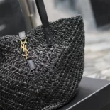 Saint Laurent YSL Women Panier Small in Raffia and Vegetable-tanned Leather-Black