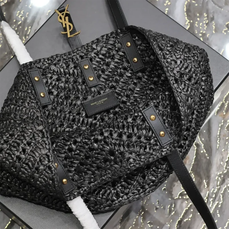 Saint Laurent YSL Women Panier Small in Raffia and Vegetable-tanned Leather-Black
