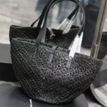 Saint Laurent YSL Women Panier Small in Raffia and Vegetable-tanned Leather-Black