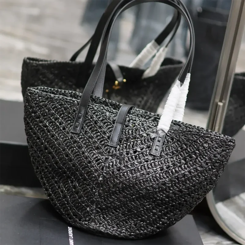 Saint Laurent YSL Women Panier Small in Raffia and Vegetable-tanned Leather-Black