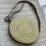 Saint Laurent YSL Women Round Bag in Raffia and Vegetable-Tanned Leather
