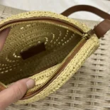 Saint Laurent YSL Women Round Bag in Raffia and Vegetable-Tanned Leather