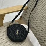 Saint Laurent YSL Women Round Bag in Raffia and Vegetable-Tanned Leather-Black