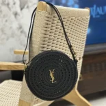 Saint Laurent YSL Women Round Bag in Raffia and Vegetable-Tanned Leather-Black