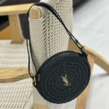 Saint Laurent YSL Women Round Bag in Raffia and Vegetable-Tanned Leather-Black