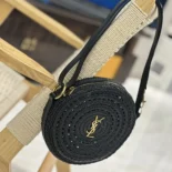 Saint Laurent YSL Women Round Bag in Raffia and Vegetable-Tanned Leather-Black