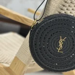 Saint Laurent YSL Women Round Bag in Raffia and Vegetable-Tanned Leather-Black