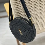 Saint Laurent YSL Women Round Bag in Raffia and Vegetable-Tanned Leather-Black
