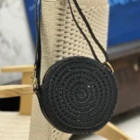 Saint Laurent YSL Women Round Bag in Raffia and Vegetable-Tanned Leather-Black