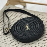 Saint Laurent YSL Women Round Bag in Raffia and Vegetable-Tanned Leather-Black