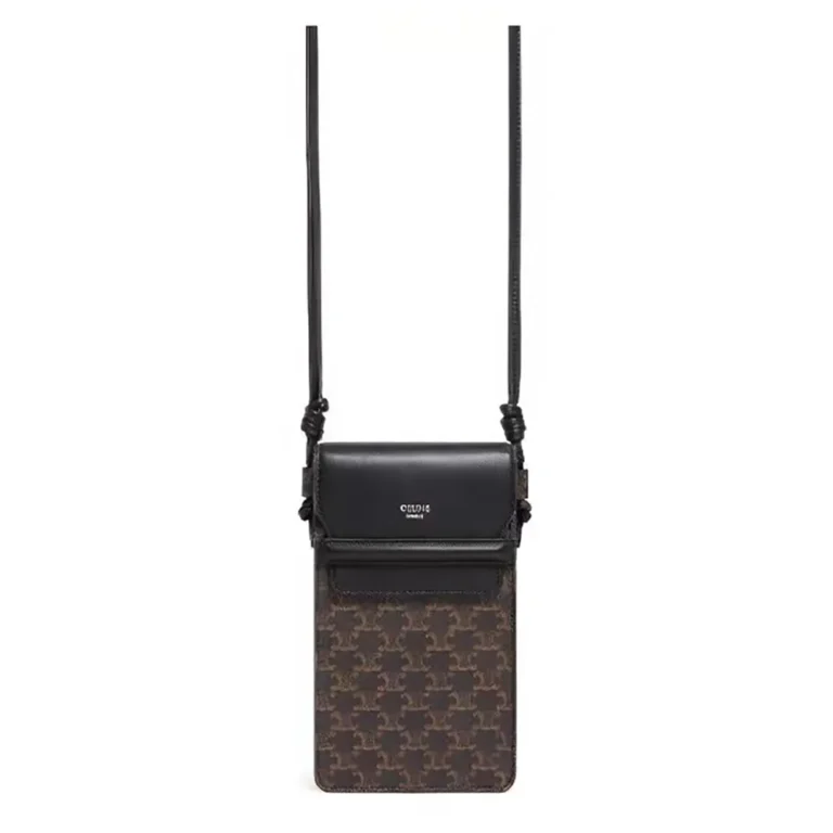 Celine Women Phone Pouch with Flap in Triomphe Canvas and Lambskin-Black