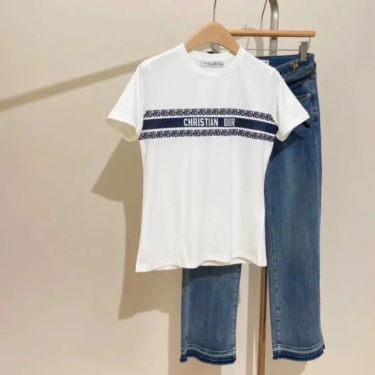 Dior Women T-Shirt White and Navy Blue Cotton Jersey