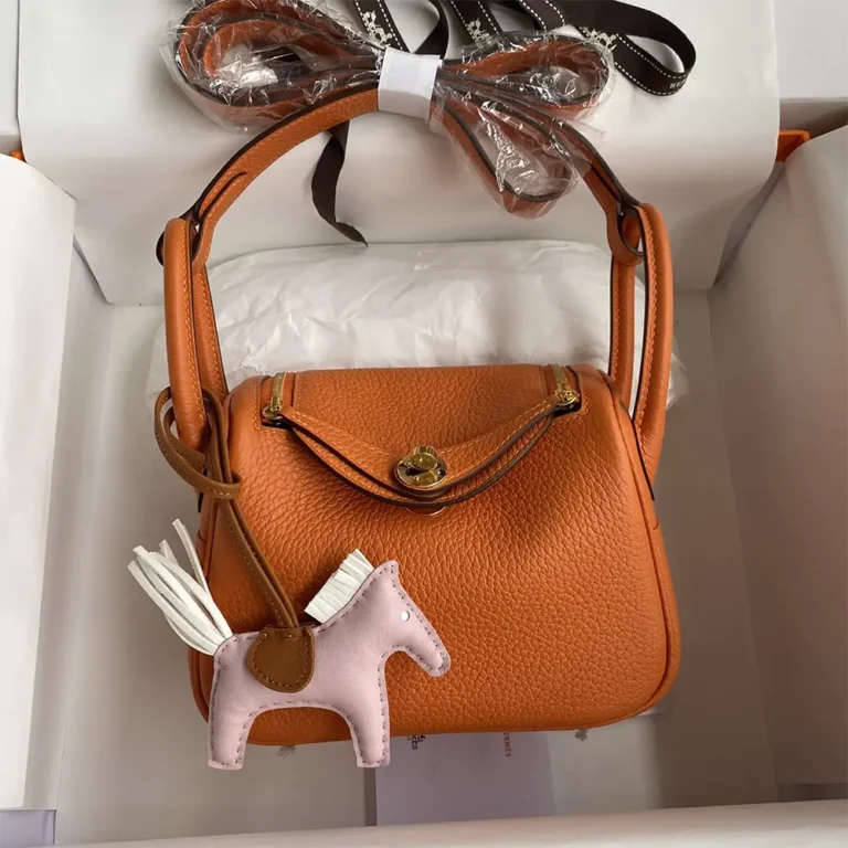 Hermes Women Lindy Mini 19 in Clemence Leather-OrangeGold