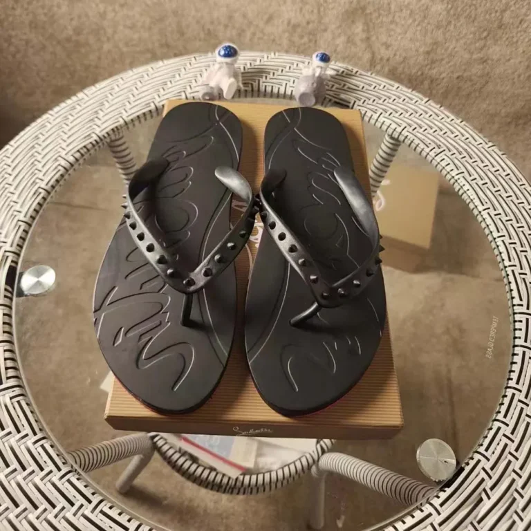 Christian Louboutin Men Loubi Donna Spike Red Sole Flip Flops-Black