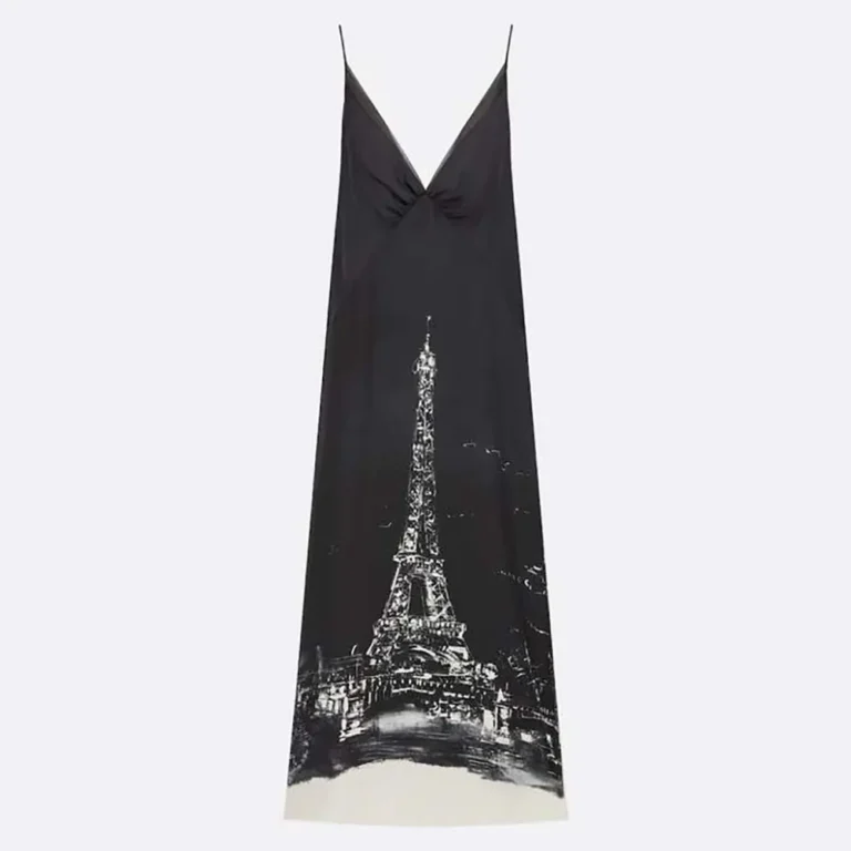 Dior Women A-Line Mid-Length Dress Black and White Silk Twill with Paris Motif