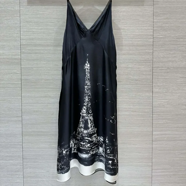 Dior Women A-Line Mid-Length Dress Black and White Silk Twill with Paris Motif