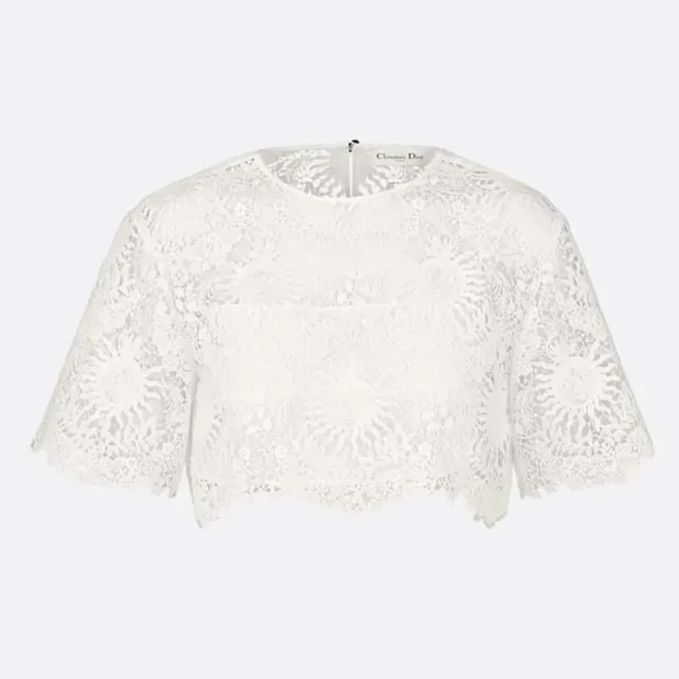 Dior Women Dioriviera Cropped Short-Sleeved Top Ecru Toile de Jouy Soleil Technical Cotton Lace