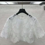 Dior Women Dioriviera Cropped Short-Sleeved Top Ecru Toile de Jouy Soleil Technical Cotton Lace