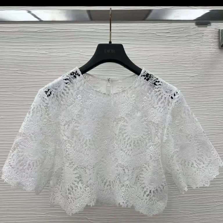Dior Women Dioriviera Cropped Short-Sleeved Top Ecru Toile de Jouy Soleil Technical Cotton Lace